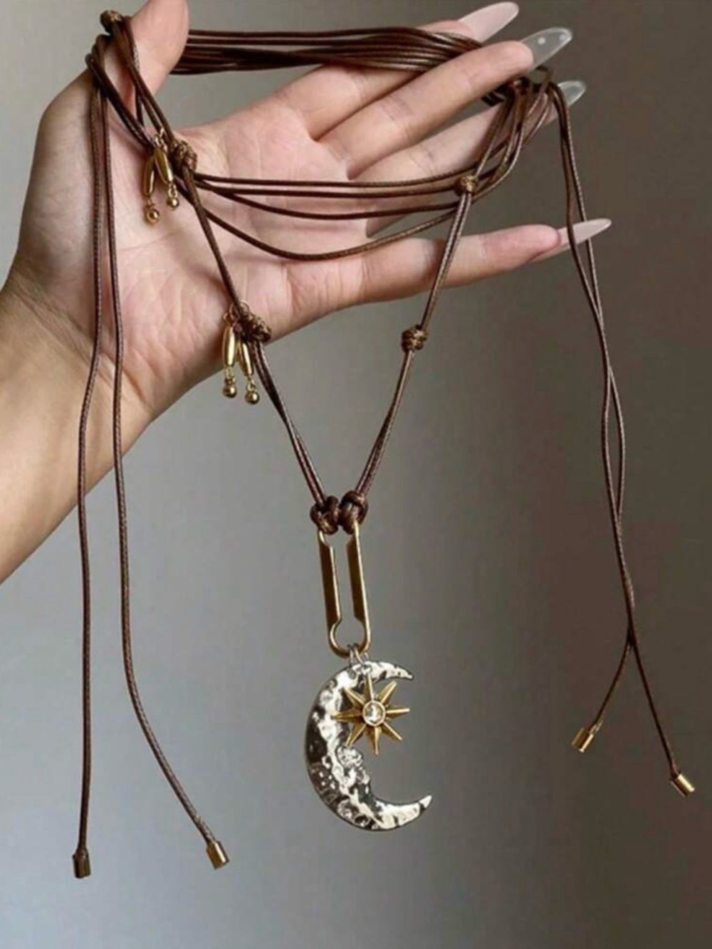 Brown Cord Crescent Moon & Star Necklace with Gold Pendant bohemian - Picture 2 of 2